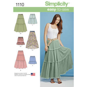 An image of a Simplicity easy-to-sew pattern packet (#1110) for a tiered skirt. The packet shows a model wearing a light green tiered skirt and a white top. Various skirt designs (A-G) are illustrated on the left side, displaying different lengths and fabrics.