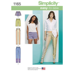 Simplicity sewing pattern 1165 envelope featuring "easy-to-sew" label. Shows a woman in patterned pants and a woman in a white top with patterned shorts. Includes diagrams of shorts and pants pattern pieces A, B, C, and D. Designed and printed in the USA.