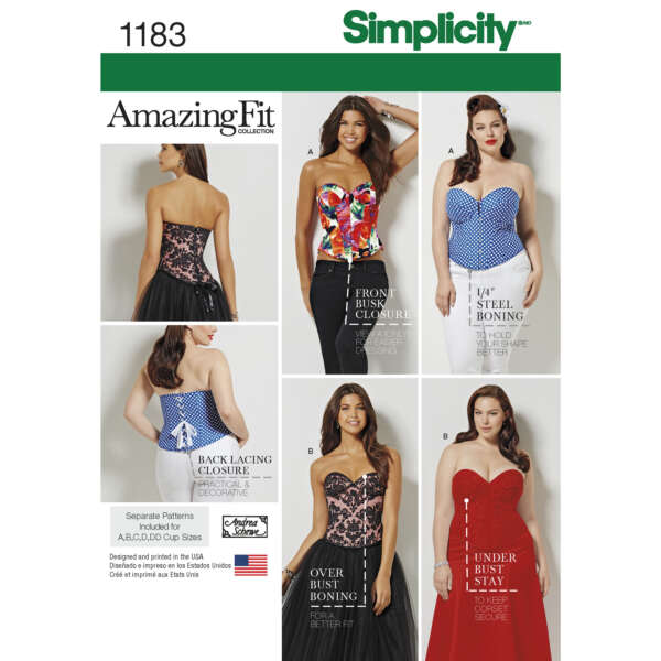 A sewing pattern cover showing models wearing different tops from the Simplicity Amazing Fit Collection, pattern number 1183. Each row showcases different styles and design elements including boning and closures. The covers also include size and fit details.