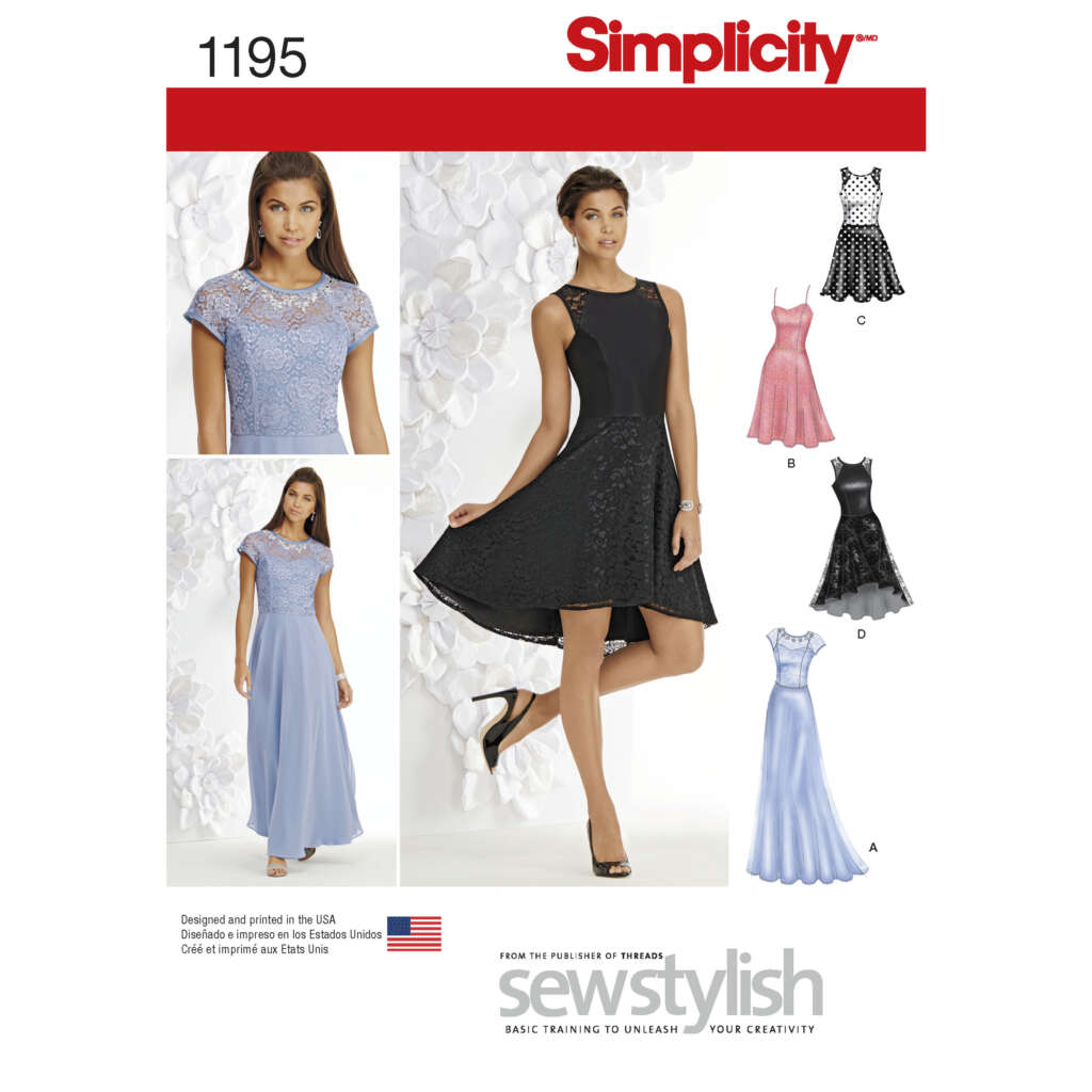 Simplicity sewing pattern 1195 envelope featuring designs for various dresses. The cover showcases a model in a sleeveless black dress and photos of a blue lace dress. The pattern includes variations in necklines, sleeves, and lengths.