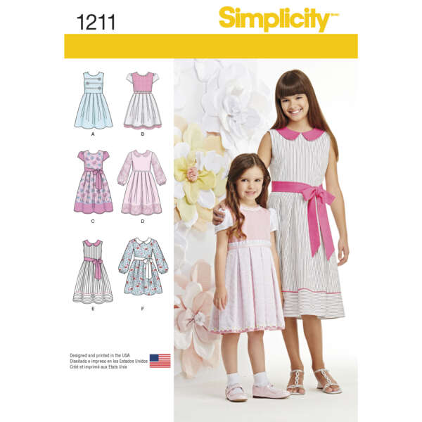 Two young girls are modeling different styles of dresses from Simplicity sewing pattern 1211. The pattern includes six dress design variations labeled A to F, featuring various sleeve lengths, collars, and embellishments. The design styles range from casual to semi-formal.