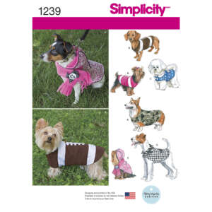 Simplicity sewing pattern 1239 shows various dog coats. The main image features a small dog in a pink coat and scarf. Smaller images on the right depict multiple dogs in different coats, including a dachshund in plaid and a terrier in houndstooth.