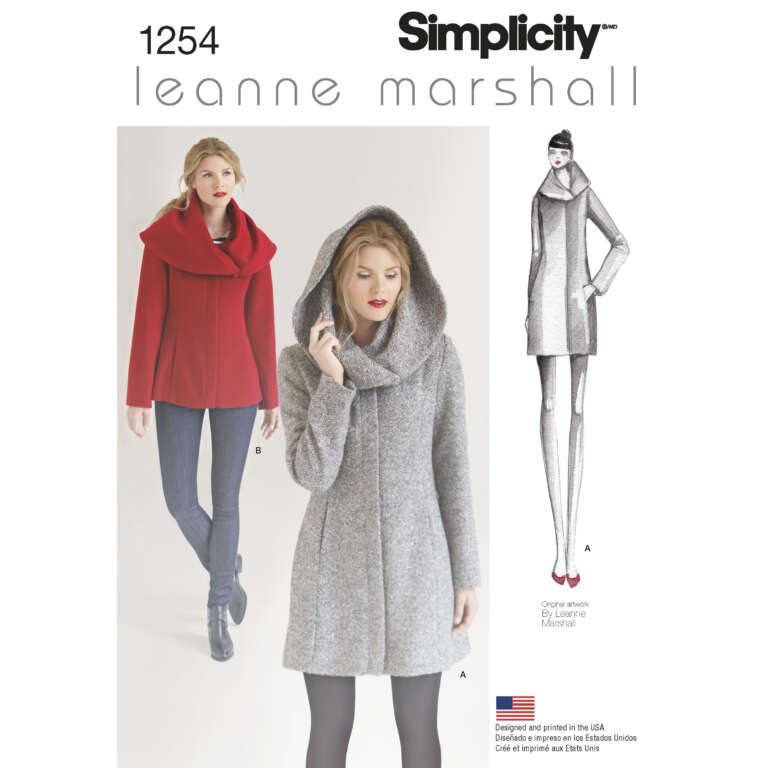 A sewing pattern cover for "Simplicity 1254" by Leanne Marshall. It features designs for a hooded coat in different views. One model wears a red coat, another gray. An illustration of the coat design is included. The US flag and project details are at the bottom.