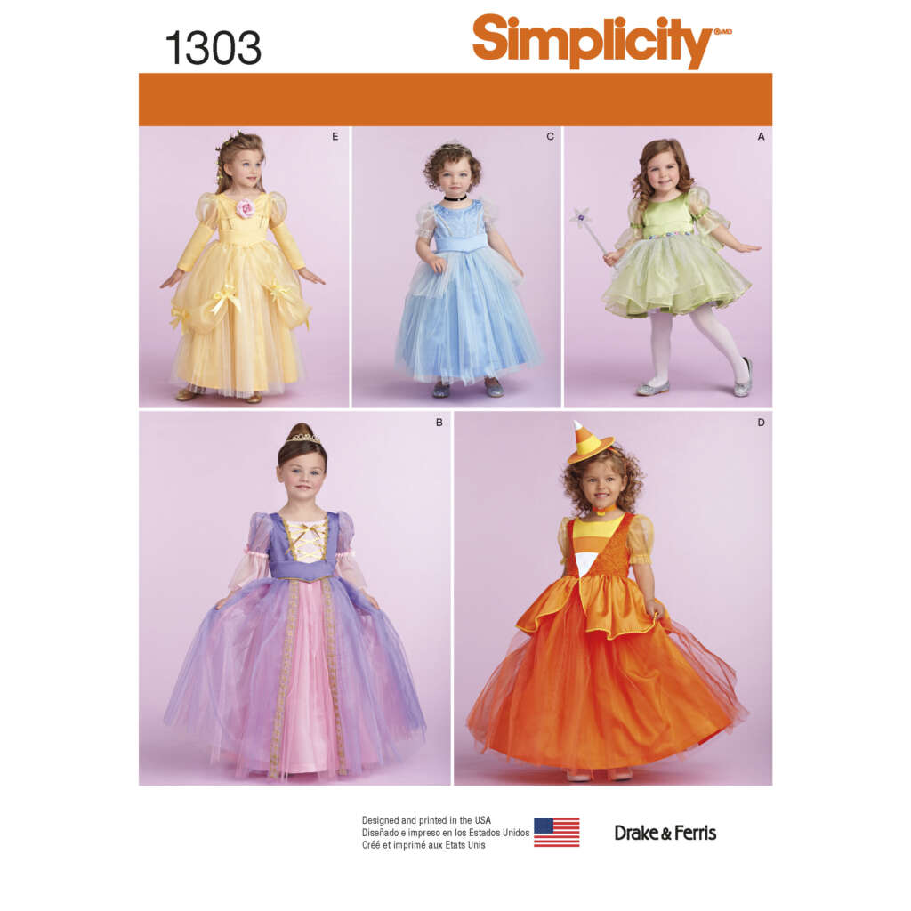 Simplicity sewing pattern 1303 for children's costumes, displaying five designs: (A) green fairy dress, (B) purple princess gown, (C) blue ball gown, (D) orange candy corn dress, (E) yellow princess dress. All dresses are modeled by young girls.