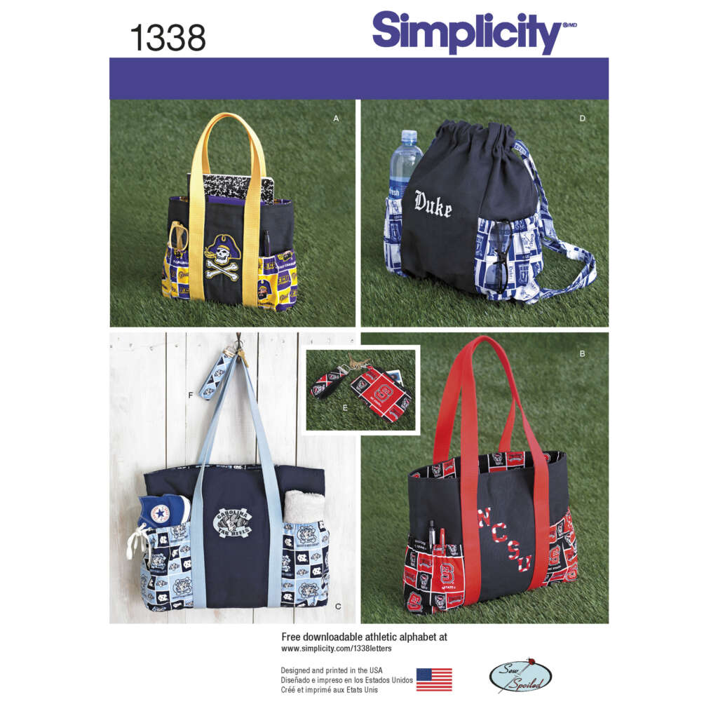 A sewing pattern packet displaying three types of tote bags featuring sports-themed prints. Pattern 1338 by Simplicity includes totes with contrasting straps and multiple pockets. One tote has a yellow strap, another a red strap, and a drawstring bag is also shown.