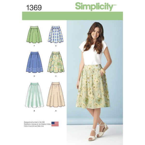 A sewing pattern from Simplicity labeled 1369 for various styles of skirts. The image shows a model wearing a light green floral skirt and a white top. The skirt options (A-F) are displayed on the left side, featuring different lengths, fabrics, and designs.