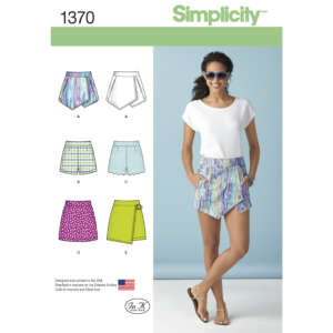 Simplicity pattern 1370 showcases various styles of women's shorts. The cover features a woman wearing a white top paired with colorful, patterned shorts, and wearing sunglasses. Illustrated options of the shorts display different designs, including wrap skirts and prints.