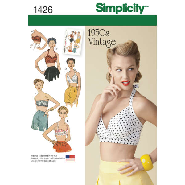 A pattern packet titled "Simplicity 1426" displays various styles of 1950s vintage crop tops. One model wears a white polka dot halter top and yellow skirt. Illustrated designs feature different tops, including strapless and halter styles, ideal for a retro-inspired look.