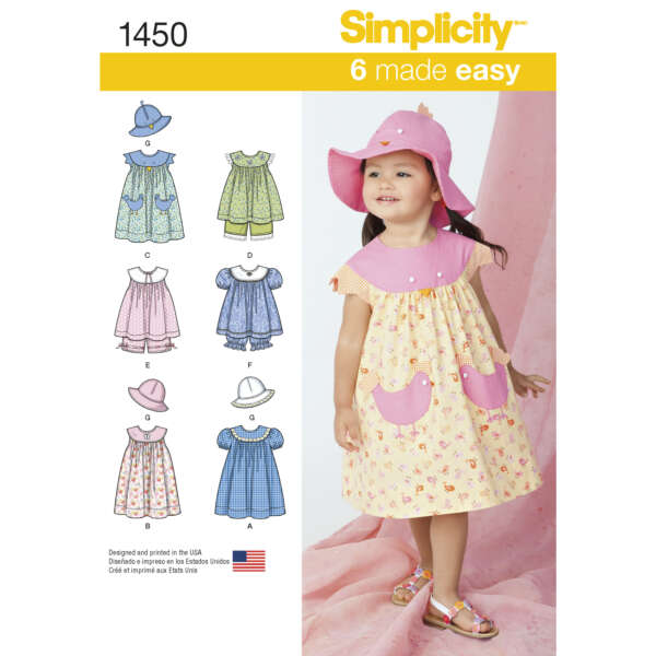 A sewing pattern cover shows a young girl in a yellow dress with pink accents and chicken pockets, paired with a pink hat. The cover displays six dress designs labeled A to F, with different patterns and sleeve styles. The title reads "Simplicity 1450: 6 made easy.