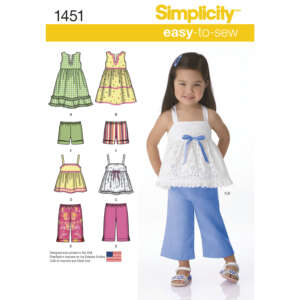 Simplicity sewing pattern 1451, labeled "easy-to-sew," features a young girl modeling one of the designs (a sleeveless top and pants). Illustrated options include various tops, shorts, and pants in different styles and fabrics. Designated for sizes 3-8. Made in the USA.
