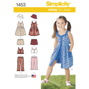 Sewing pattern from Simplicity for girls' clothing, pattern number 1453. It includes options for dresses, tops, and pants, shown in various fabrics. A young girl is wearing a blue floral dress with pockets, standing on grass. Text reads "Simplicity easy-to-sew.