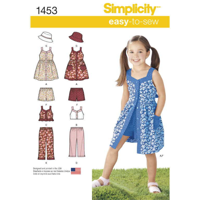 Sewing pattern from Simplicity for girls' clothing, pattern number 1453. It includes options for dresses, tops, and pants, shown in various fabrics. A young girl is wearing a blue floral dress with pockets, standing on grass. Text reads "Simplicity easy-to-sew.