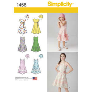 Simplicity pattern package 1456 shows children's dresses in different styles. The main photo features a girl wearing a pink floral dress and pink hat. The detailed illustrations include dresses with different necklines, sleeve types, and optional hats.