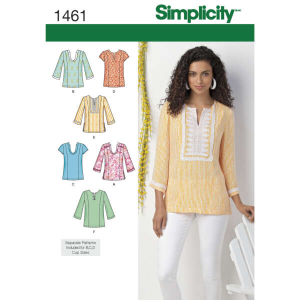 The image shows the cover of a Simplicity sewing pattern package (number 1461). It includes illustrations of a tunic in five styles (A-E) and a photo of a model wearing a yellow striped version (style A). Various fabric patterns and neck designs are shown.