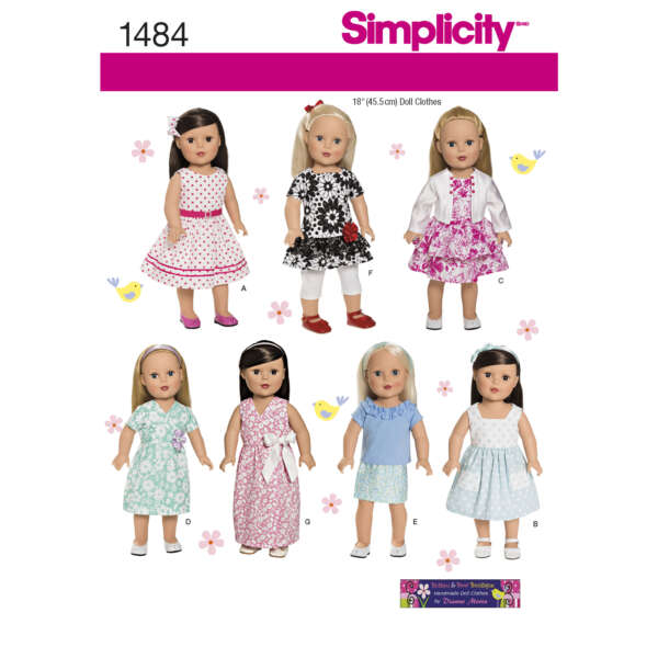 A sewing pattern cover displaying six different outfits for 18" dolls, labeled A to F. Dolls are shown in various dresses and one in a coat. The heading reads "Simplicity 1484" and includes illustrations of birds and flowers.