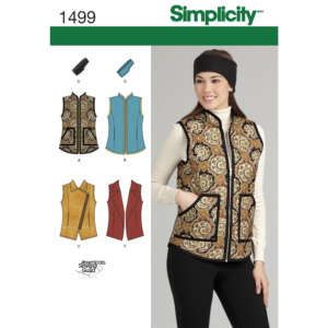 Pattern cover image for Simplicity 1499, featuring a woman wearing a sleeveless vest made of brocade fabric with floral patterns, paired with a black headband. The cover also shows four sketches of different fabric options for the vest in blue, red, and mustard yellow.