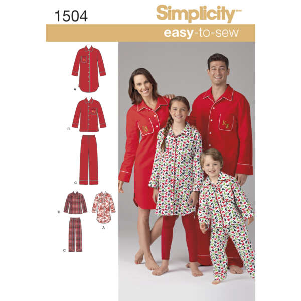 A sewing pattern cover image for Simplicity 1504, titled "easy-to-sew." It shows a family wearing matching pajamas in red and white with colorful prints. The pattern includes four pajama designs: two sets with button-up tops and pants, and two nightshirts.