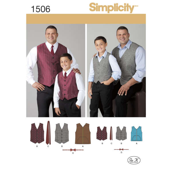 A sewing pattern cover for Simplicity 1506 featuring a man and a boy. They are modeling different vests: one red-brown patterned and one gray. Below are icons showcasing the vest designs and a tie. The pattern includes options for ties and various vest styles.