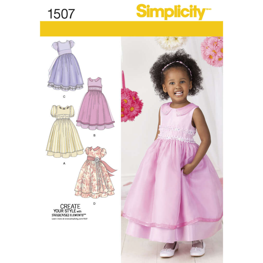 Simplicity pattern 1507 features a young girl wearing a pink dress with pockets and a floral headband, smiling with her hands in the dress pockets. The pattern includes illustrations of four different girls' dresses in various styles.