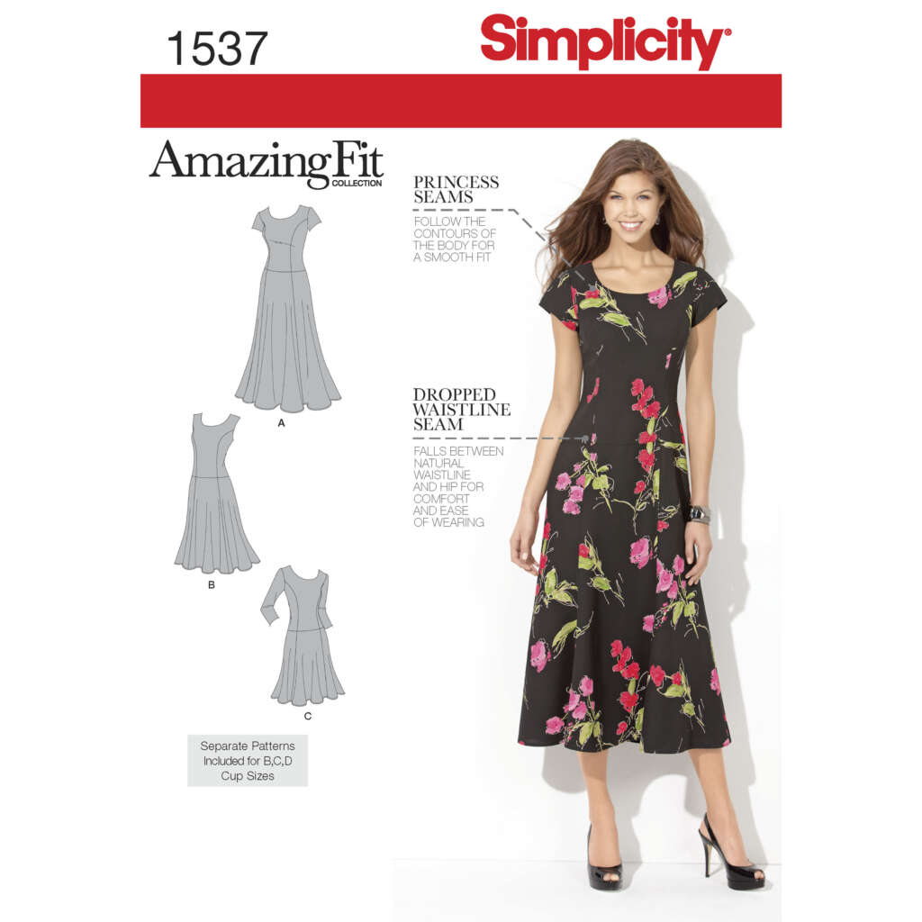 Simplicity sewing pattern 1537 from the Amazing Fit Collection. The cover shows a woman modeling a black floral dress with short sleeves, dropped waistline seam, and A-line skirt. Diagrams of three dress variations (A, B, C) with princess seams are pictured on the left.