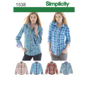 Pattern envelope for Simplicity 1538, featuring two women modeling button-down shirts. One woman wears a blue paisley print shirt, and the other wears a blue plaid shirt. Below them are illustrations of four shirt variations in different fabric prints.