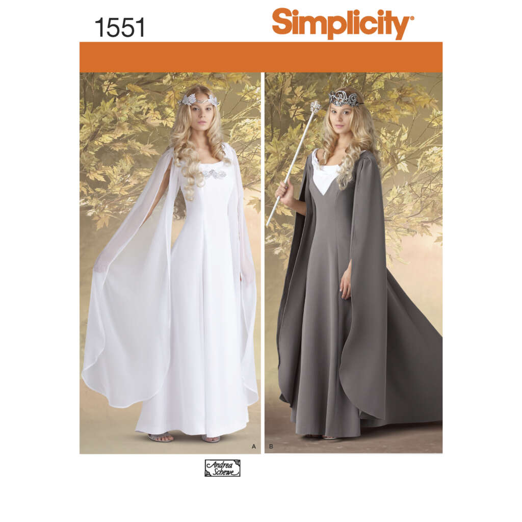 Simplicity pattern 1551 features two women's medieval-style costumes. Design A is a white gown with flowing sleeves and a flower crown; Design B is a gray gown with a white underdress and a crown. Both designs are displayed against a backdrop of leafy branches.