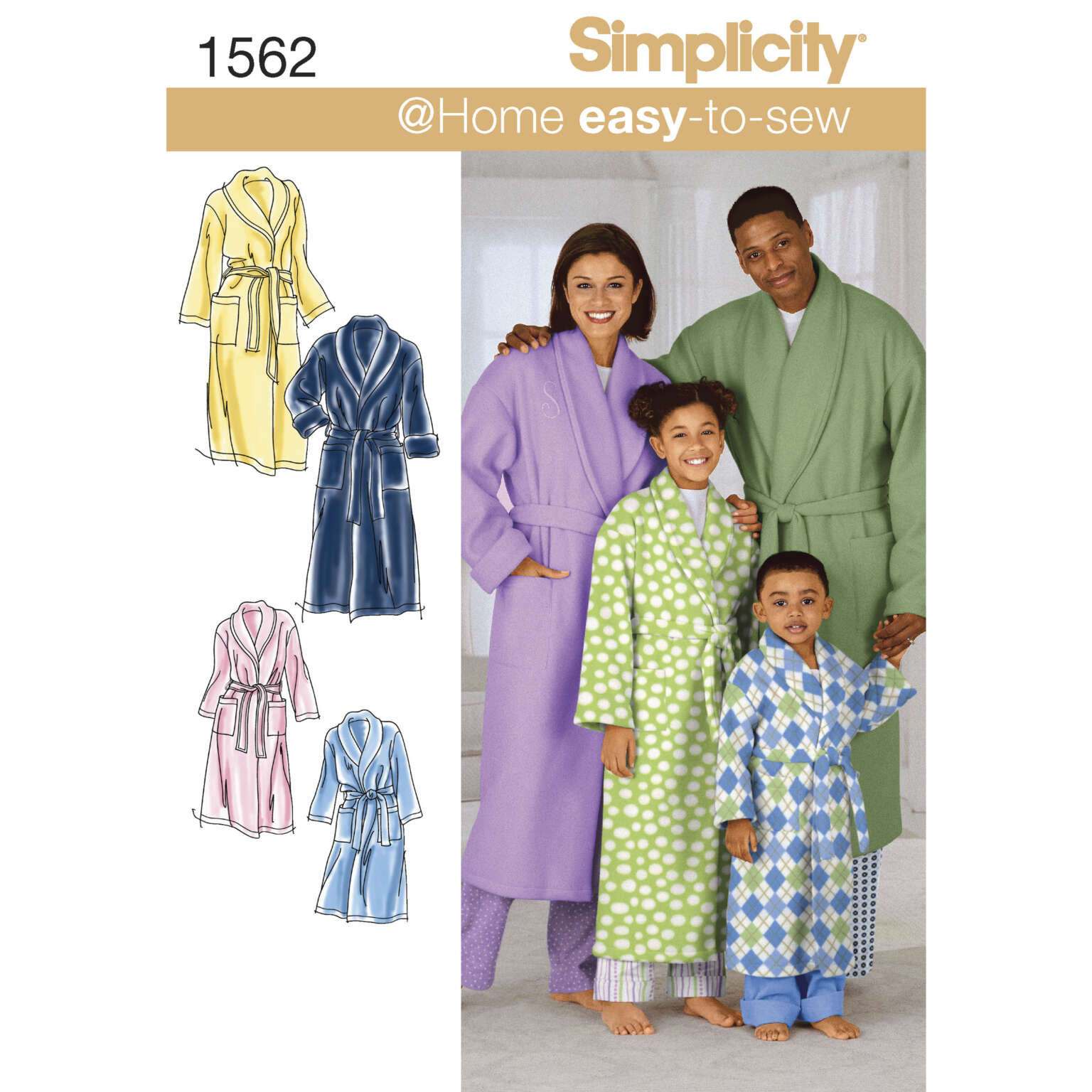 Image of Simplicity sewing pattern 1562 featuring a family of four, each wearing a robe. The pattern includes illustrations of the robe in five colors and designs: yellow, blue, pink, green with polka dots, and blue checks. Text reads "@Home easy-to-sew.
