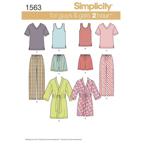 Illustration of Simplicity sewing pattern 1563 for men's and women's clothing. Items include short-sleeve V-neck tops (B, C), tank tops (F, G), pajama pants (D), pajama shorts (E), and robes (A). Each item is shown in various fabric designs and colors.