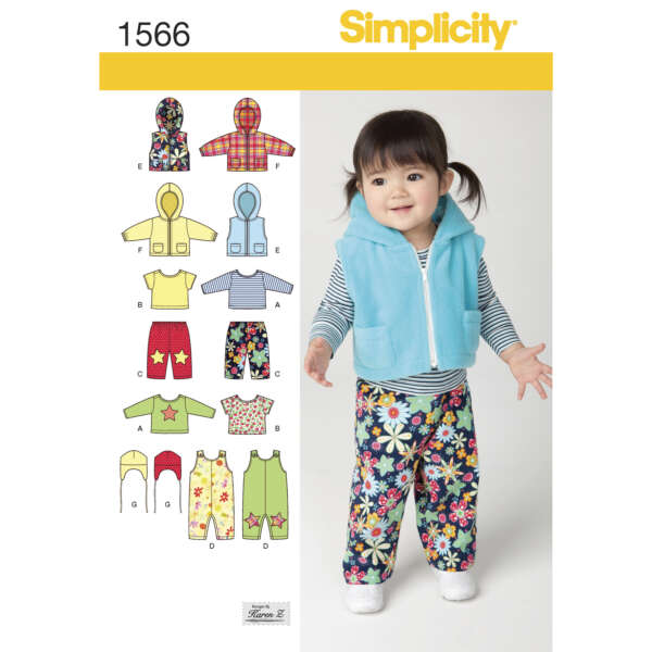 Simplicity pattern 1566 features a smiling toddler wearing a striped shirt, a light blue sleeveless hoodie, and floral pants. The pattern includes various designs for jackets, tops, and pants in different fabrics and patterns for toddlers.