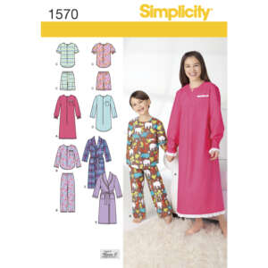 Simplicity pattern 1570 showing a variety of nightwear options for children. Includes drawings of pajamas, nightgowns, and robes in different styles and fabrics for both boys and girls. A boy and a girl are modeling the pajamas and nightgown.
