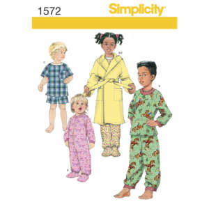 Illustration of four children wearing various sleepwear styles from a Simplicity sewing pattern (1572). One child wears a plaid top with shorts, another is in a yellow robe over pajamas, another is in a pink onesie with a pattern, and the fourth in dinosaur-themed pajamas.