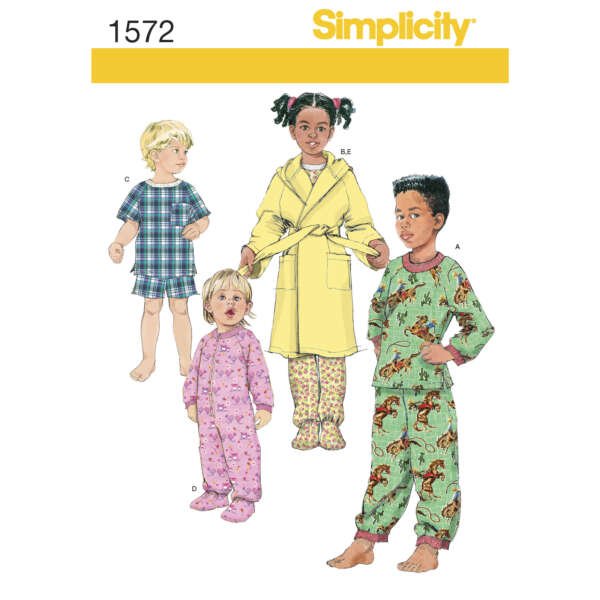 Illustration of four children wearing various sleepwear styles from a Simplicity sewing pattern (1572). One child wears a plaid top with shorts, another is in a yellow robe over pajamas, another is in a pink onesie with a pattern, and the fourth in dinosaur-themed pajamas.