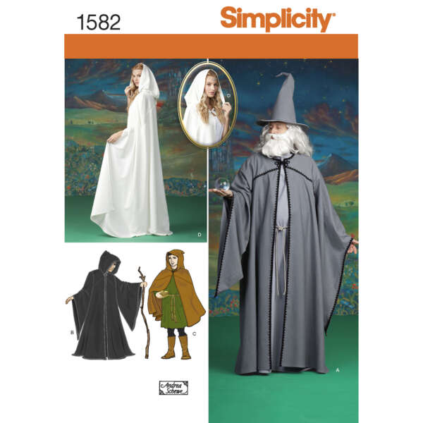 Simplicity sewing pattern 1582 showcases four costume designs: a white hooded cloak (model D), a brown tunic with green cloak (model C), a dark hooded cloak (model B), and a gray wizard robe with hat (model A), set against a fantasy-themed background.