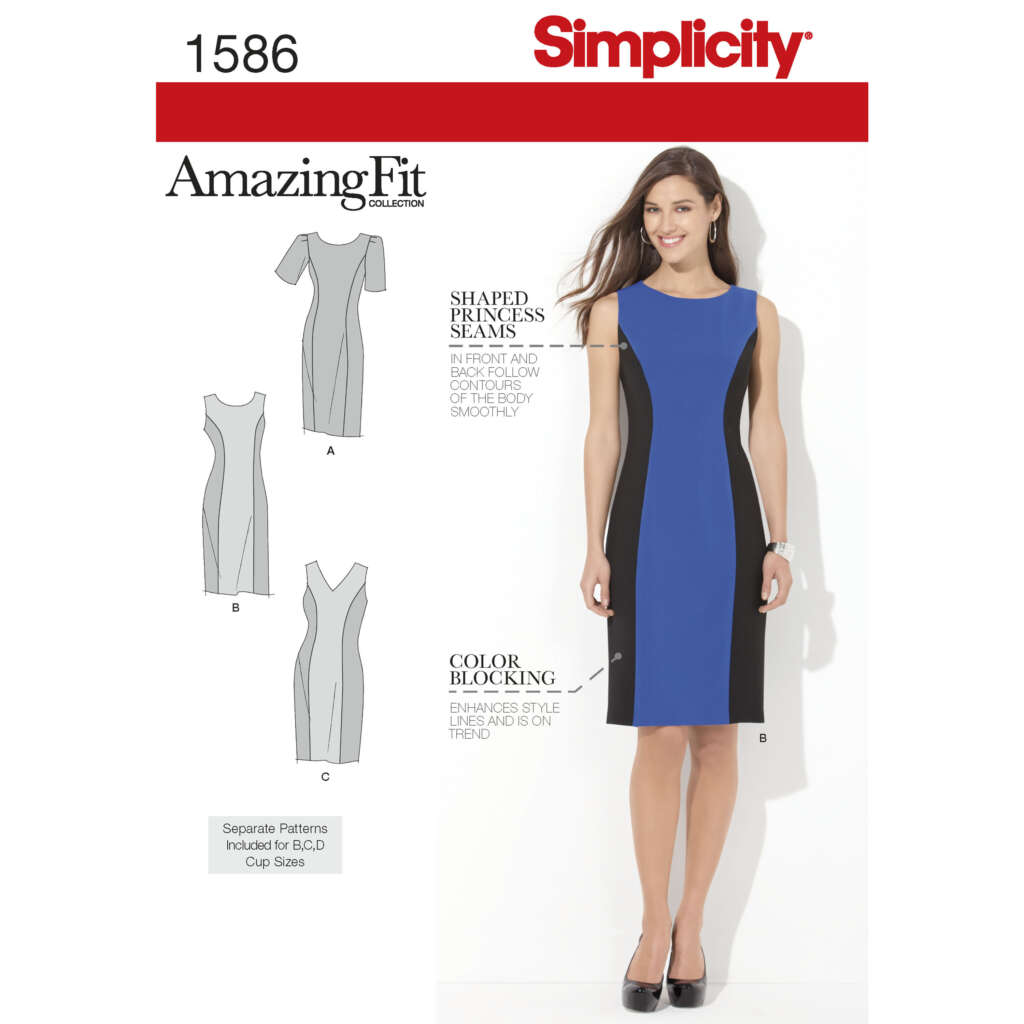 Simplicity pattern 1586 "Amazing Fit" for a women's color block dress with shaped princess seams. Includes various design options (A, B, C). The model wears a knee-length, sleeveless dress in blue and black, with separate patterns for different cup sizes.