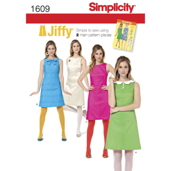 Simplicity pattern 1609 for Jiffy dresses is shown. Four women model sleeveless A-line dresses in different styles and colors: blue with a bow (B), white (C), pink (D), and green with a collar (A). The pattern cover is displayed in the top right corner.