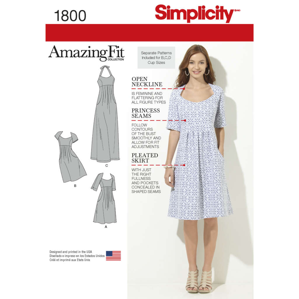 Pattern envelope for Simplicity 1800 "Amazing Fit Collection," featuring a woman in a knee-length, short-sleeved dress with a scoop neckline and pleated skirt. Designs A, B, and C include variations of the dress with different necklines and sleeve lengths.