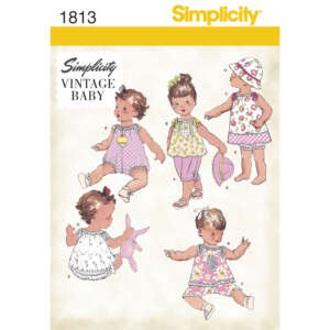 Simplicity sewing pattern 1813 for vintage baby clothes. The cover showcases illustrations of toddlers modeling various outfits: a romper, dresses, a playsuit, and a top with bloomers, along with accessories like a hat and a toy bunny.