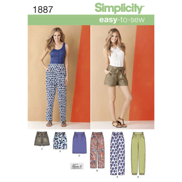 A sewing pattern cover displays two women modeling different styles from the Simplicity easy-to-sew collection 1887. On the left, a woman wears patterned pants, and on the right, another wears khaki shorts. Below are illustrated diagrams of the patterns.