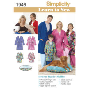 Cover of Simplicity sewing pattern 1946 titled "Learn to Sew." Image features five smiling people and a dog in brightly colored robes. Includes illustrations of robe and pet bed patterns. Basic sewing skills listed: choosing size, cutting, stitching, and more.