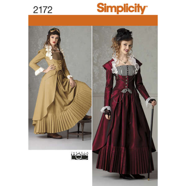 Two women are modeling Victorian-style costumes from Simplicity pattern 2172. The woman on the left wears a tan, long-sleeve, high-collared dress with ruffles. The woman on the right wears a dark burgundy dress with black and white striped bodice details and a small black hat.