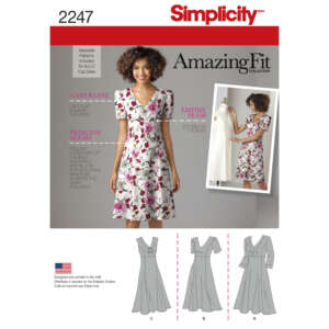 Pattern packet for a dress from Simplicity's Amazing Fit Collection. Features a young woman in a floral V-neck knee-length dress. Includes detailed diagrams for patterns A, B, and C. Highlights include princess seams, an empire seam, and options for different cup sizes.