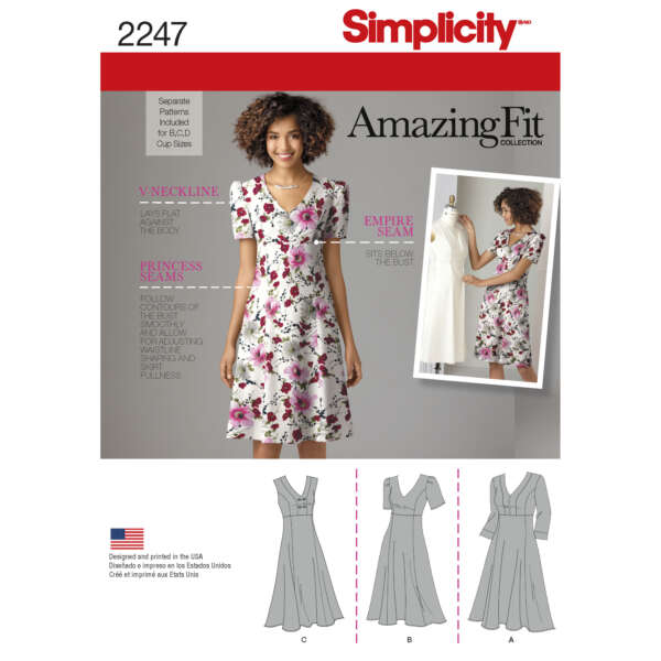 Pattern packet for a dress from Simplicity's Amazing Fit Collection. Features a young woman in a floral V-neck knee-length dress. Includes detailed diagrams for patterns A, B, and C. Highlights include princess seams, an empire seam, and options for different cup sizes.