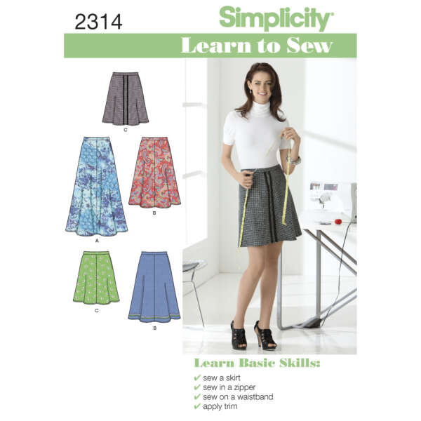 An image of a sewing pattern package for Simplicity Learn to Sew, pattern number 2314. It features designs for skirts in various styles (A, B, C). A woman stands next to a sewing machine, modeling a skirt while holding a measuring tape. Instructions listed below.