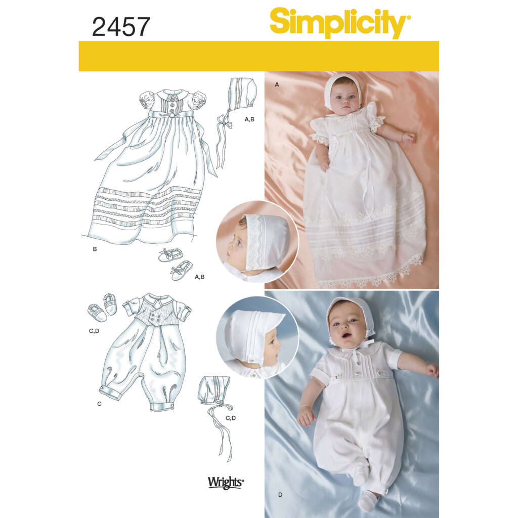 Simplicity sewing pattern 2457 for baby christening outfits. Includes designs for a long gown with lace trim (A), bonnet (A, B), romper with collar and elastic cuffs (C), and a bonnet (C, D). Two infants are shown wearing the outfits on a satin background.