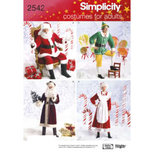 A Simplicity costumes for adults pattern package with four holiday-themed outfits. Includes a Santa Claus costume, an elf costume, Mrs. Claus in a red dress, and Mrs. Claus in a white apron and bonnet. Background features candy canes, presents, and lollipops.