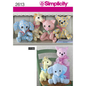 Image showing "Simplicity 2613" sewing pattern for plush toys, including a blue floral dog, yellow giraffe with multicolored spots, pink pig with polka dots, and yellow floral cat on a shelf, and soft fabric versions of the animals on a green chair.