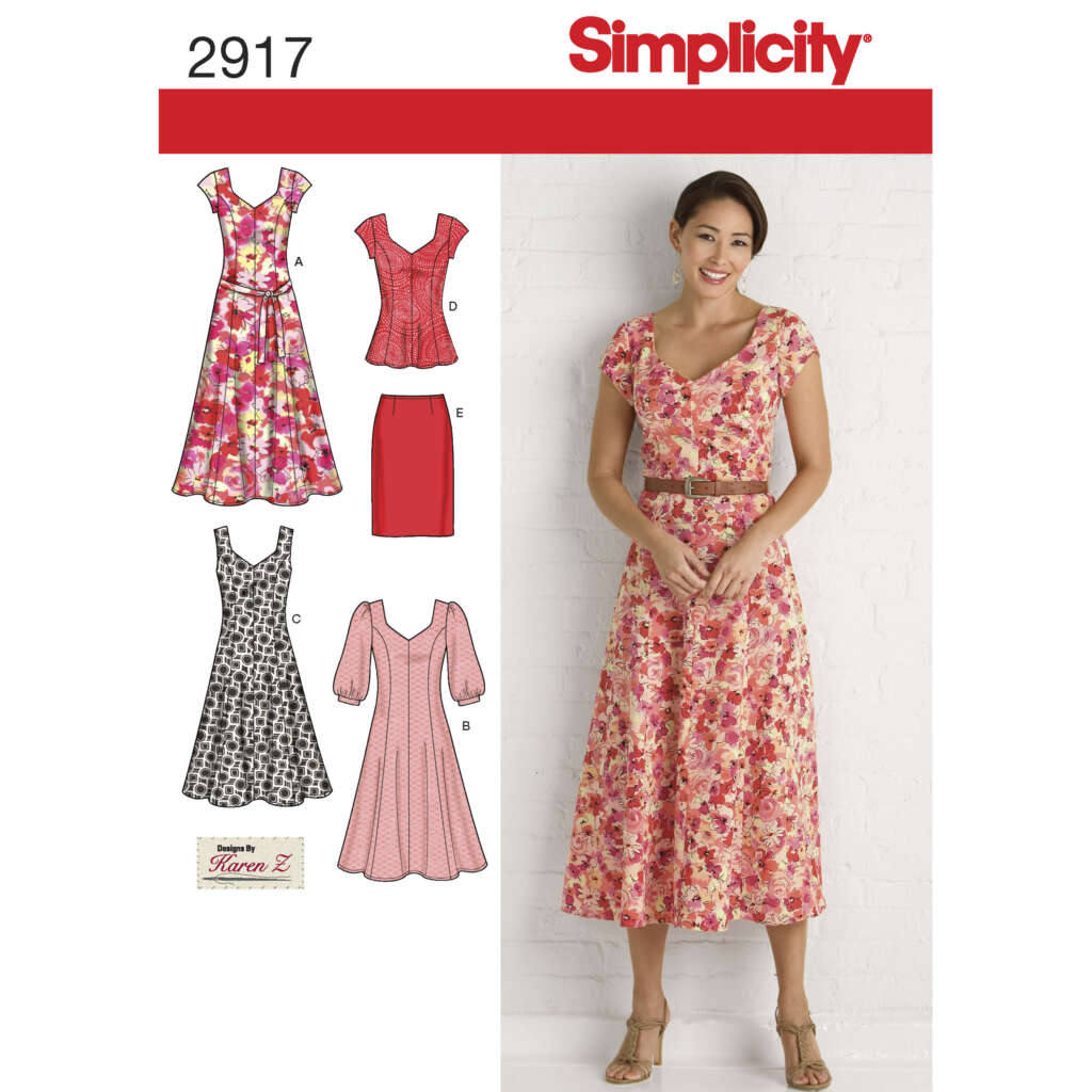 Simplicity sewing pattern 2917 for women features designs for dresses and tops with varying sleeve lengths and necklines. The display shows a model in a floral dress and illustrations of four design variations including a top and skirt.