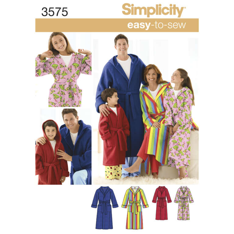 A Simplicity sewing pattern cover labeled "3575 easy-to-sew" featuring a family in various bathrobes. The image shows a man, woman, and two children wearing different styled and colored robes. Below are illustrations of the robe patterns in several designs and colors.