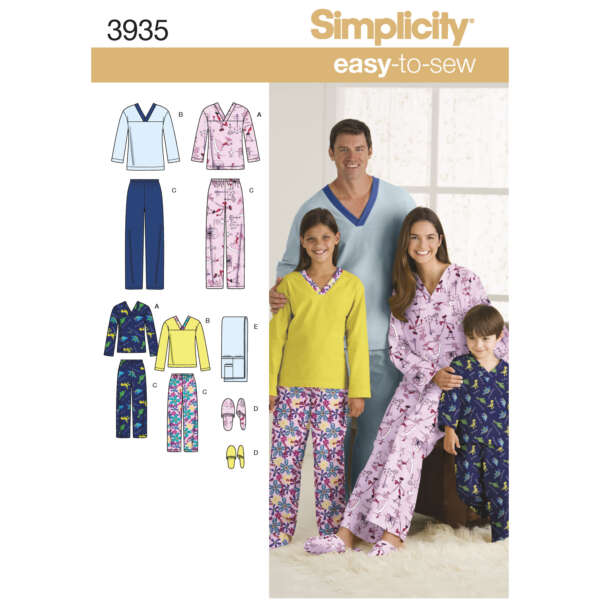 Simplicity easy-to-sew pattern 3935 showcases a family in pajama tops and pants. Options include long or short-sleeve tops and full-length or cropped pants. The image shows variations like floral prints and solid colors, illustrating the many possible combinations.