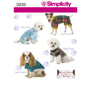 Pattern cover image for Simplicity 3939, featuring four dogs dressed in different outfits. The outfits include a blue pajama, a plaid shirt, a leopard print shirt, and a green polka dot shirt. The label "Woofy Wear by Wendy" is present on the bottom right.